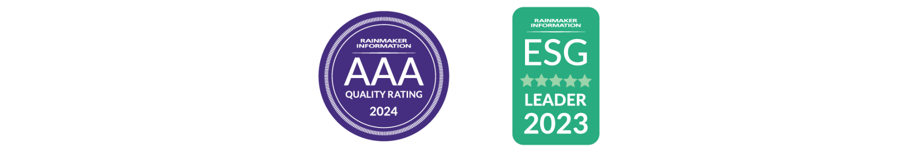 Rainmaker AAA Quality Rating 2024 and ESG Leader 2023 logos